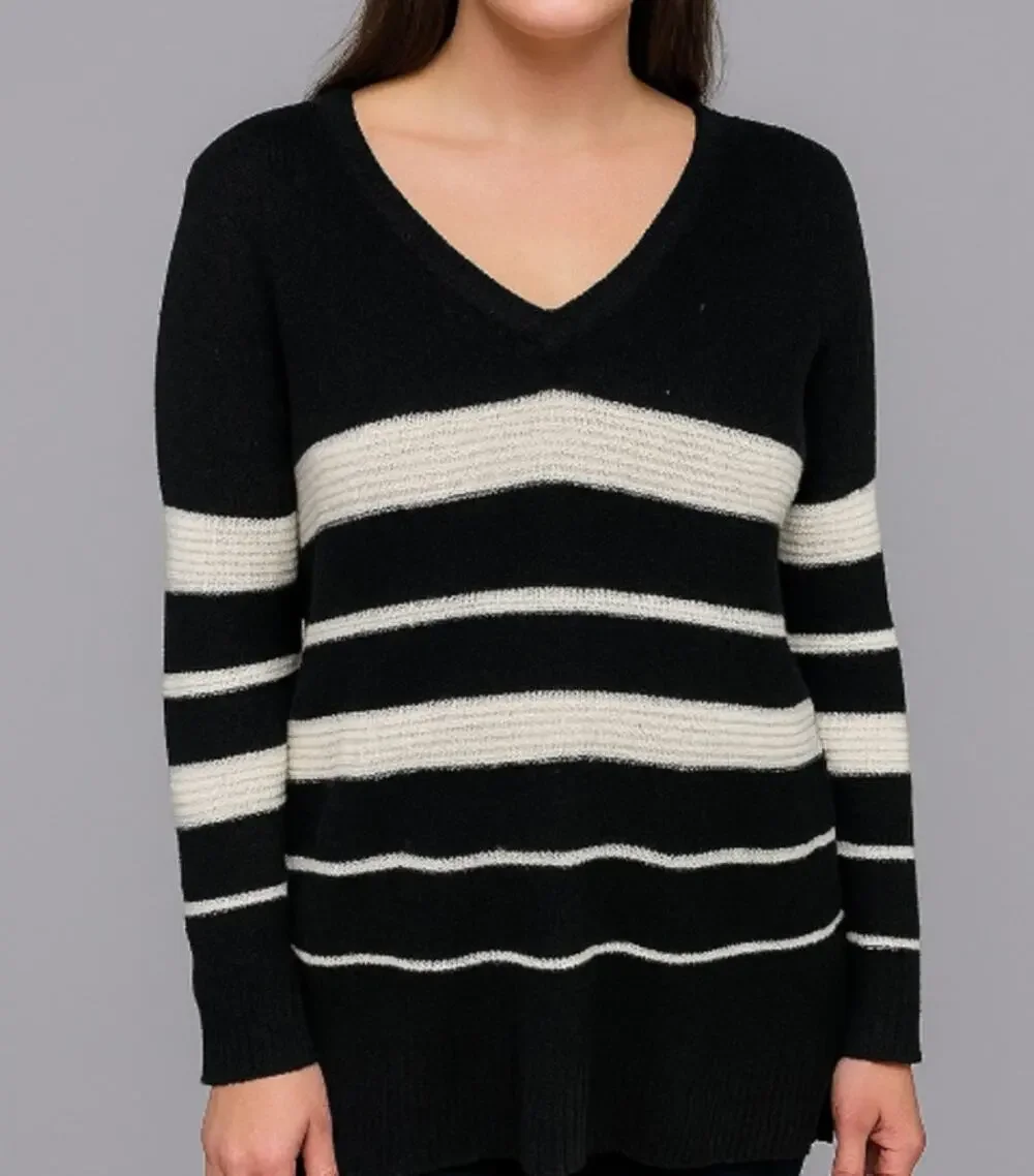 Calvin Klein Womens Medium V Neck Sweater Black White Stripe